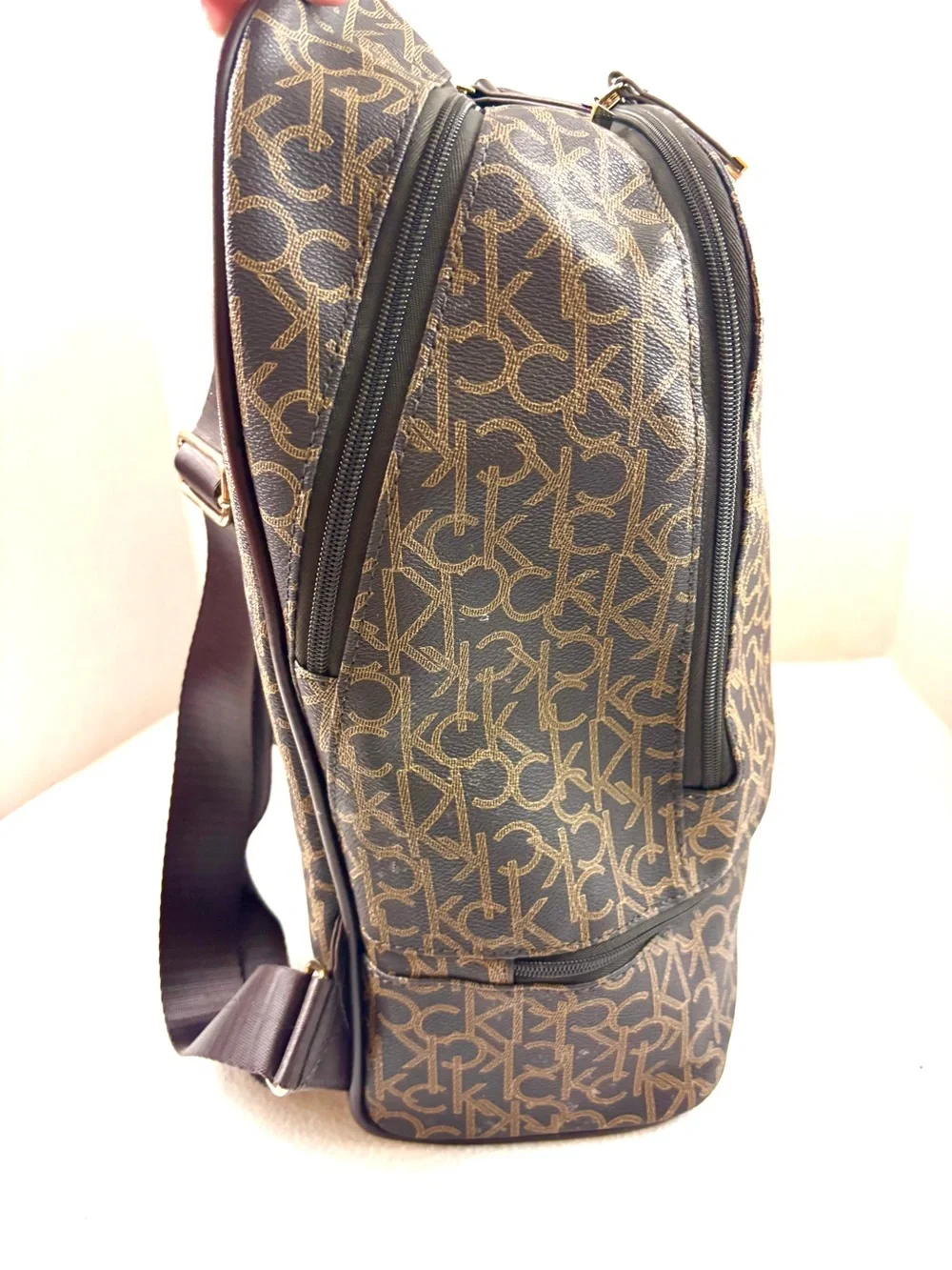 Calvin Klein Elaine Signature Brown Monogram Key Item Flap Large Backpack